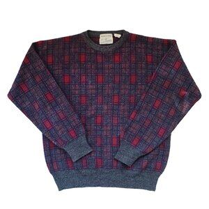 Men's Vintage Plaid Italian Wool Blend Knit Sweater Crew Neck Burgundy Medium